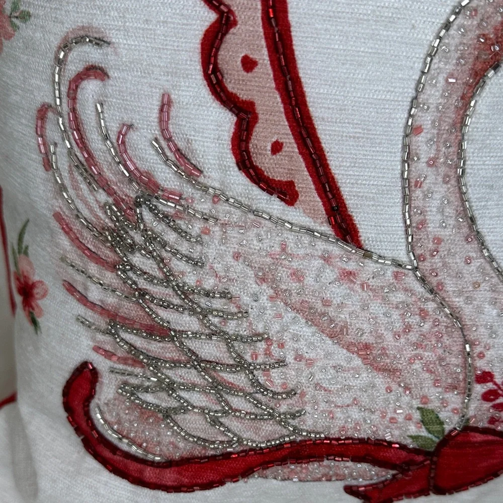 Elegant Swan Embroidered Pillow - White and Red - Picture 4 of 10